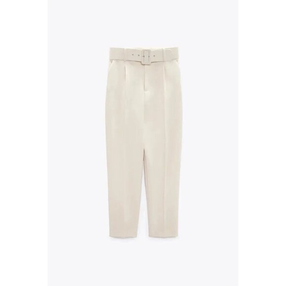 NWOT ZARA XS High-Waist Trousers With Wide Belt Neutral Cream High Rise - Picture 3 of 16